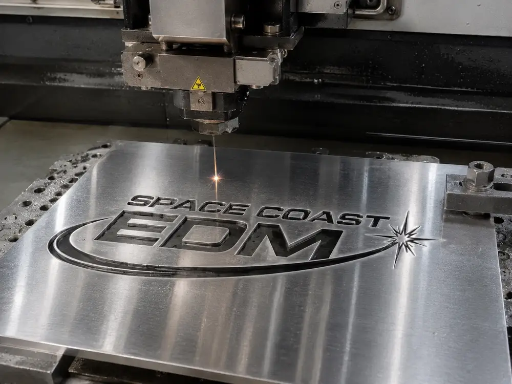 The Space Coast EDM logo being cut into a steel plate on the wire EDM, with the wire and the spark visible